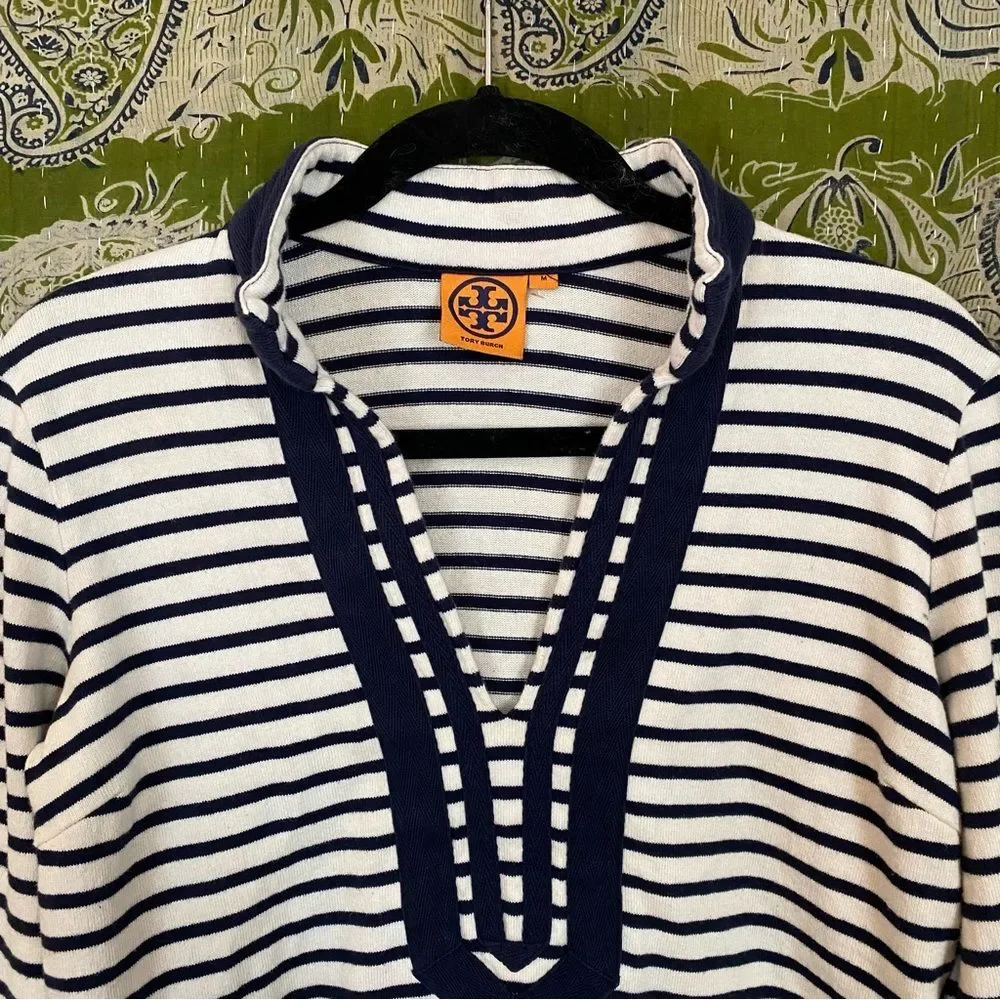 Tory Burch White/ Blue Cotton Knit Mini Tunic Nautical Dress Size Medium